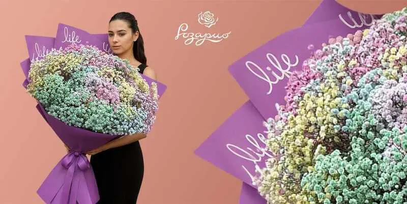 Букет гигант из гипсофилы: фронтальный вид в руках у девушки