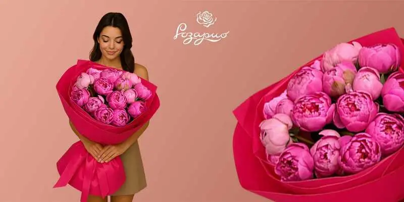 Большой букет ярко-розовых пионов, фронтальный вид, в руках у девушки